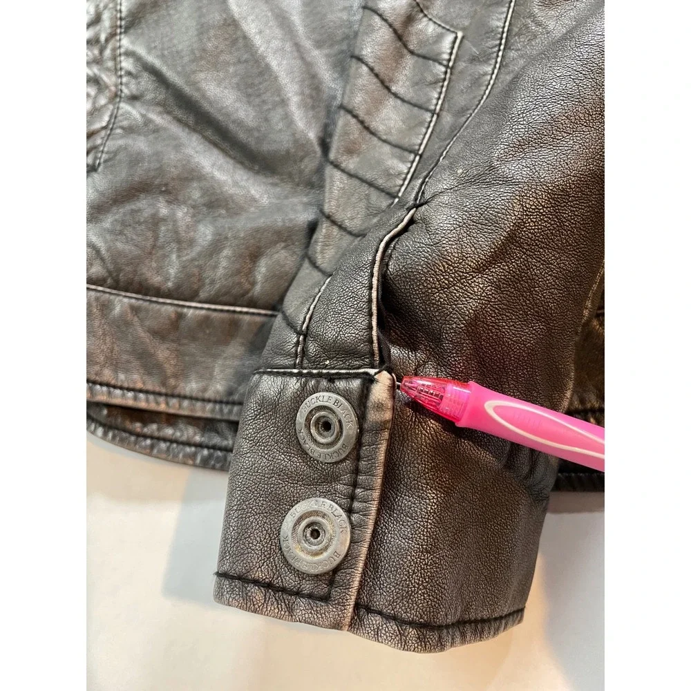 Buckle Black Mens Faux Leather Moto Racer Jacket Gray Burgundy Trim Medium